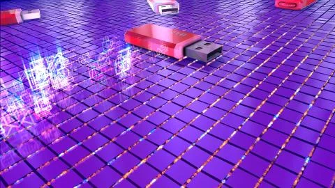 Neoteric 3d rendering of four red flash drives lying on a cyber platform plac Stock Illustration