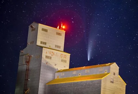 Neowise Comet and Grain Elevator Stock Photos