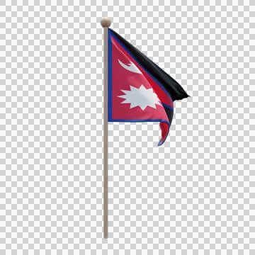 Nepal 3d illustration flag on pole. Wood flagpole Stock Illustration