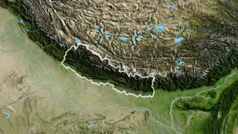 Nepal border shape overlay. Glowed. Satellite. Stock Illustration