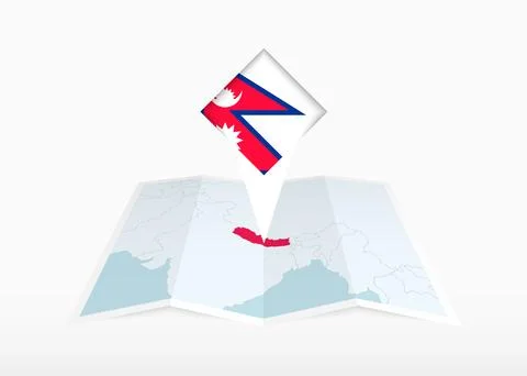 Nepal is depicted on a folded paper map and pinned location marker with fla.. Stock Illustration