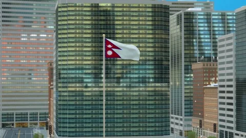 Nepal Flag 3D Render Animation on Pole with Modern Business District Buildin Video stock 332883036