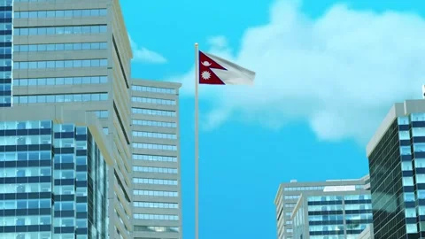 Nepal Flag 3D Render Animation with Urban Architecture and Clear Blue Sky Video stock 333046098