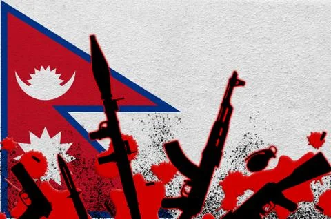 Nepal flag and various weapons in red blood. Concept for terror attack or mil Stock Illustration