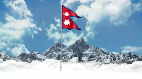 Nepal flag flying over snowy mountains Stockbeeldmateriaal 335587181