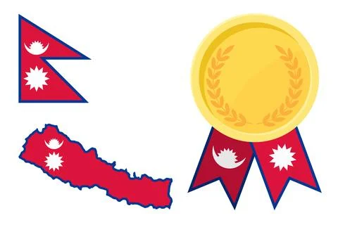 Nepal flag with map and gold medal in set for web and banners or app and game Stock Illustration
