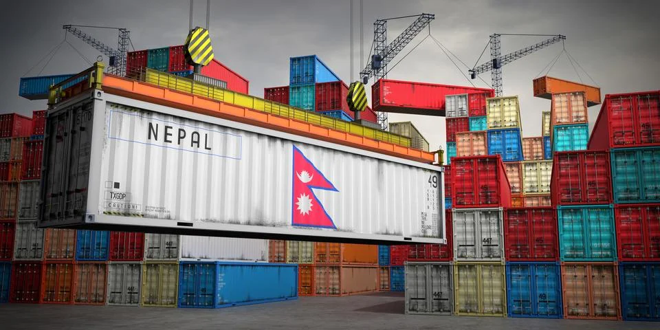 Nepal - freight container in cargo terminal - 3D illustration Stock Illustration