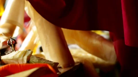 Nepal Himalayas  Buddhist nun sorting through Kata blessing scarves at the Stock-Footage 45208664