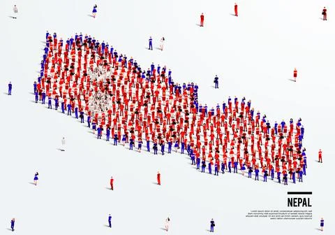 Nepal Map and Flag. A large group of people in the Nepal flag color Stock Illustration