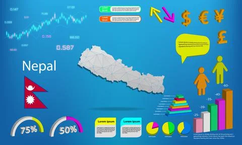 Nepal map info graphics - charts, symbols, elements and icons collection. Det Stock Illustration
