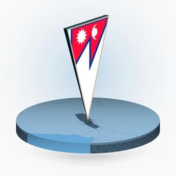 Nepal map in round isometric style with triangular 3D flag of Nepal Stock Illustration