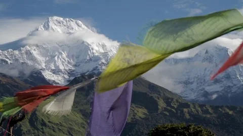 Nepalese Prayer Flags Flapping in Wind in Front of Himalayan Mountains. Stock Footage 85293500