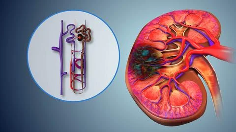 Nephron Damage Leading to Kidney Function Impairment Illustration