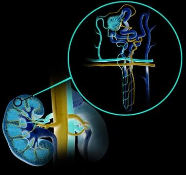 Nephron structure in kidney, medically 3D illustration Stock Illustration