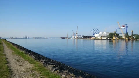 Neptun Werft - shipyard in rostock - real time, blue sky, sunny day Stock Footage 155569643