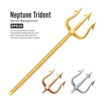 Neptune Trident Vector. Realistic 3D Silhouette Of Poseidon Weapon. Gold, Silver Stock Illustration