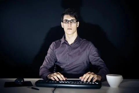 Nerd And His Computer Stockfoto's