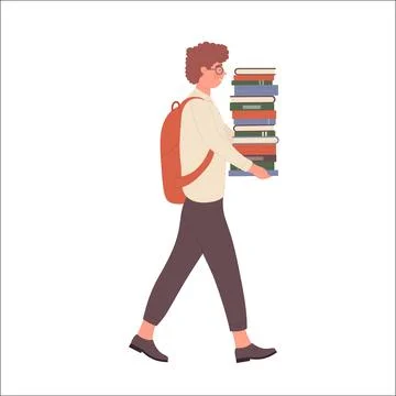 Nerd boy carrying stack of books Stock Illustration