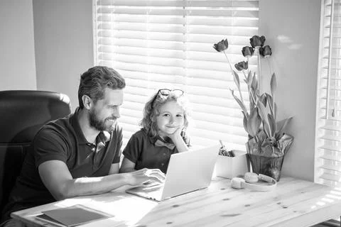 Nerd boy do homework with teacher. webinar video lesson. online education on Stock Photos