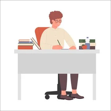 Nerd boy writing at school table Stock Illustration