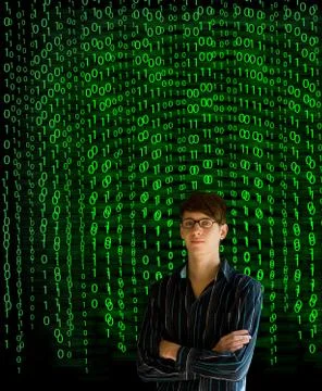 Nerd computer businessman on matrix binary background Stock Photos