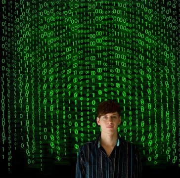 Nerd computer businessman on matrix binary background Foto stock