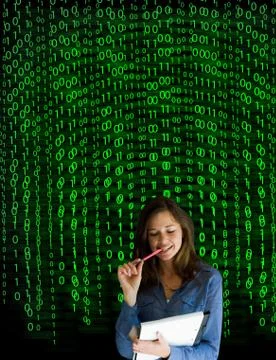 Nerd computer businesswoman on matrix binary background 库存照片