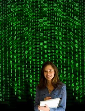 Nerd computer businesswoman on matrix binary background 库存照片