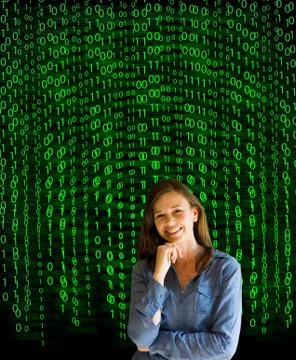 Nerd computer businesswoman on matrix binary background Stock Photos