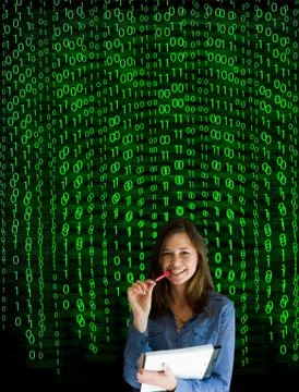 Nerd computer businesswoman on matrix binary background Stock Photos
