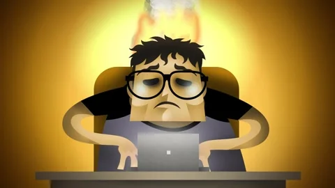 Nerd experiencing burnout with fire coming from his head while using a computer 動画素材 342363804