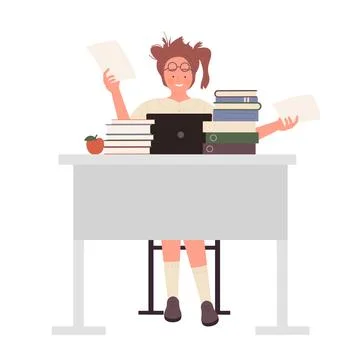 Nerd girl studying at computer Illustrazione stock