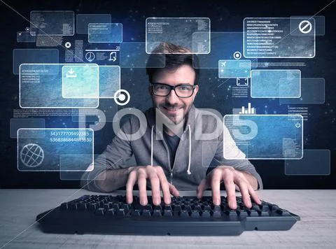 Nerd With Glasses Hacking Websites - Stock Image - Everypixel