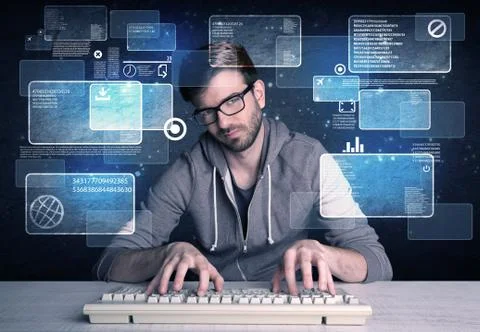 Nerd with glasses hacking websites 스톡 사진