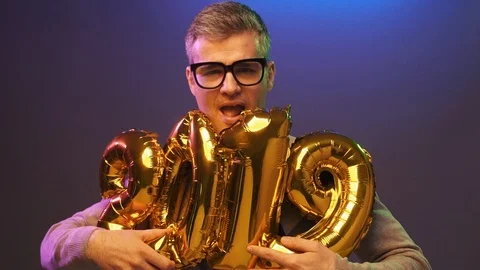 Nerd guy celebrating the new year 2019 Video stock 90651023