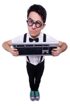 Nerd hacker with computer keyboard on white Foto stock