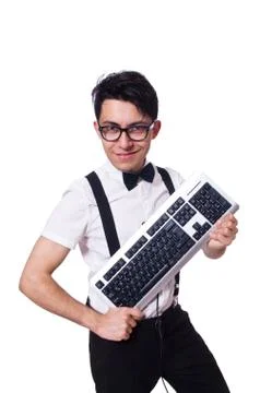 Nerd hacker with computer keyboard on white Stock Photos