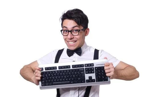 Nerd hacker with computer keyboard on white Stock Photos