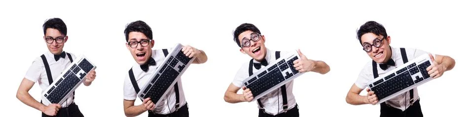 Nerd hacker with computer keyboard on white Foto stock