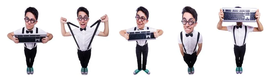 Nerd hacker with computer keyboard on white Stock Photos