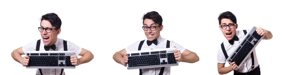 Nerd hacker with computer keyboard on white Stock Photos