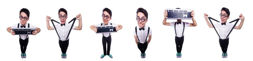 Nerd hacker with computer keyboard on white Foto stock