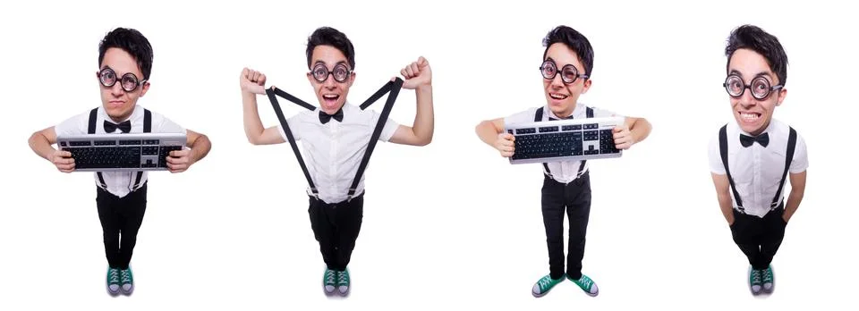 Nerd hacker with computer keyboard on white Stock Photos