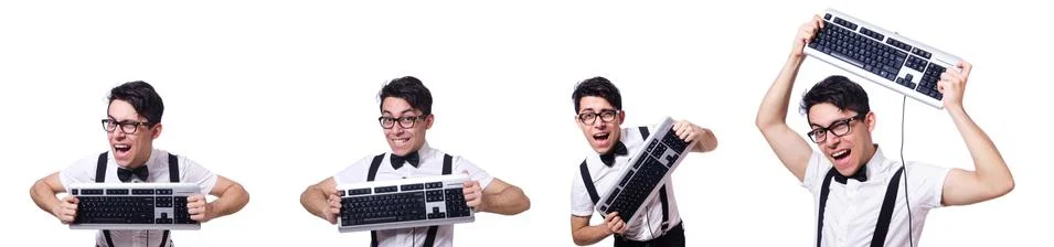 Nerd hacker with computer keyboard on white Stock Photos