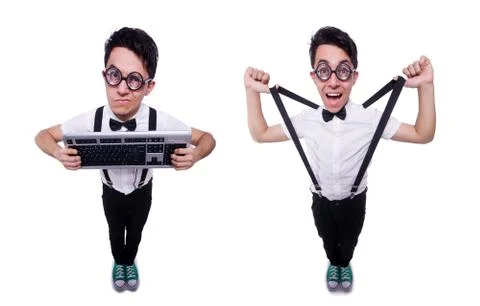 Nerd hacker with computer keyboard on white Foto stock