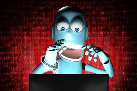 Nerd Robot hacker arrested with red binary code on background Stock Illustration