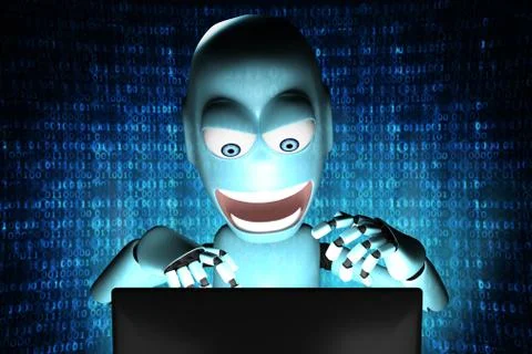 Nerd Robot hacker arrested with red binary code on background Stock Illustration