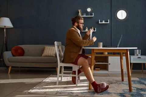 Nerd smart guy geek expert working online 스톡 사진