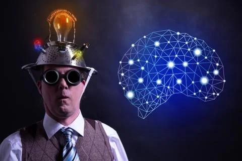 Nerd with tin foil hat presenting Artificial intelligence symbol 스톡 사진