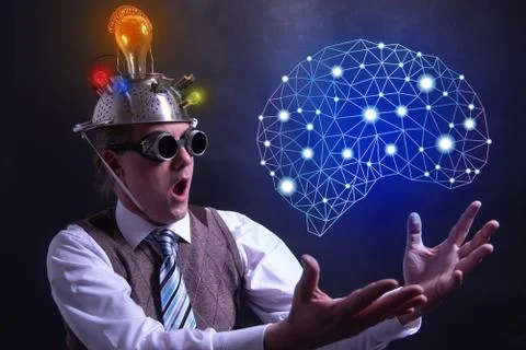 Nerd with tin foil hat presenting Artificial intelligence symbol Foto stock